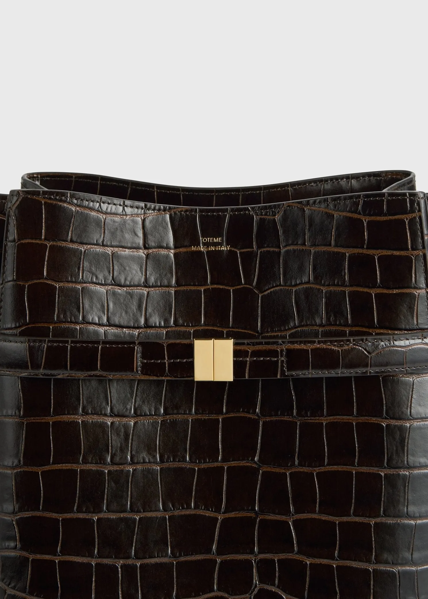 Belted croco-embossed bucket bag dark brown