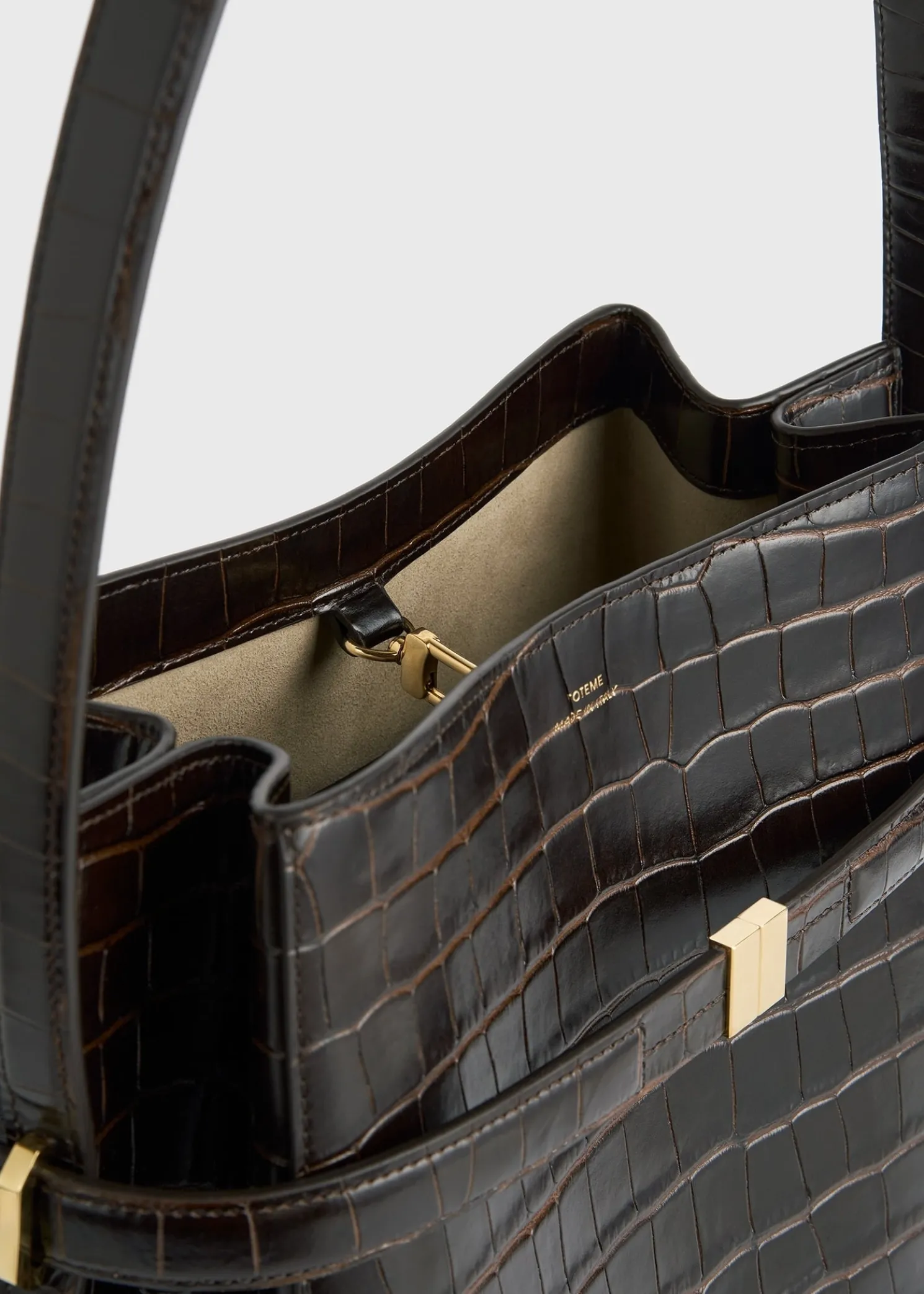 Belted croco-embossed bucket bag dark brown