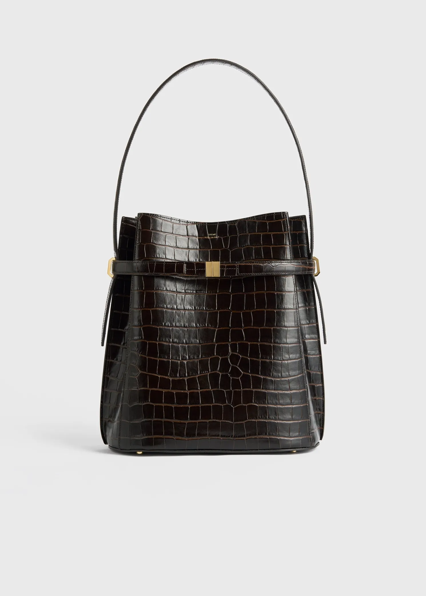 Belted croco-embossed bucket bag dark brown