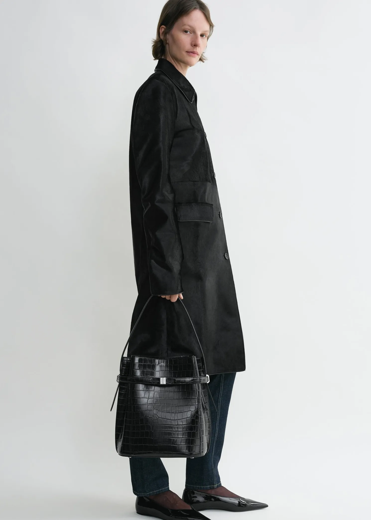 Belted croco-embossed bucket bag black