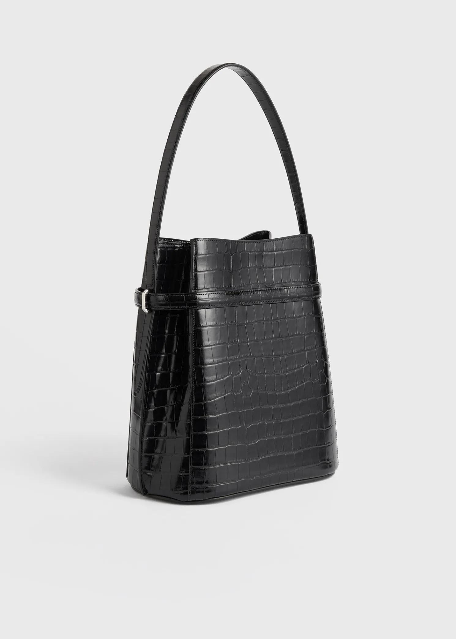 Belted croco-embossed bucket bag black