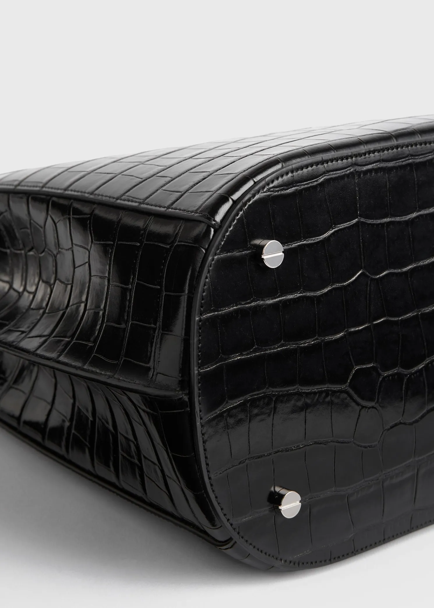 Belted croco-embossed bucket bag black