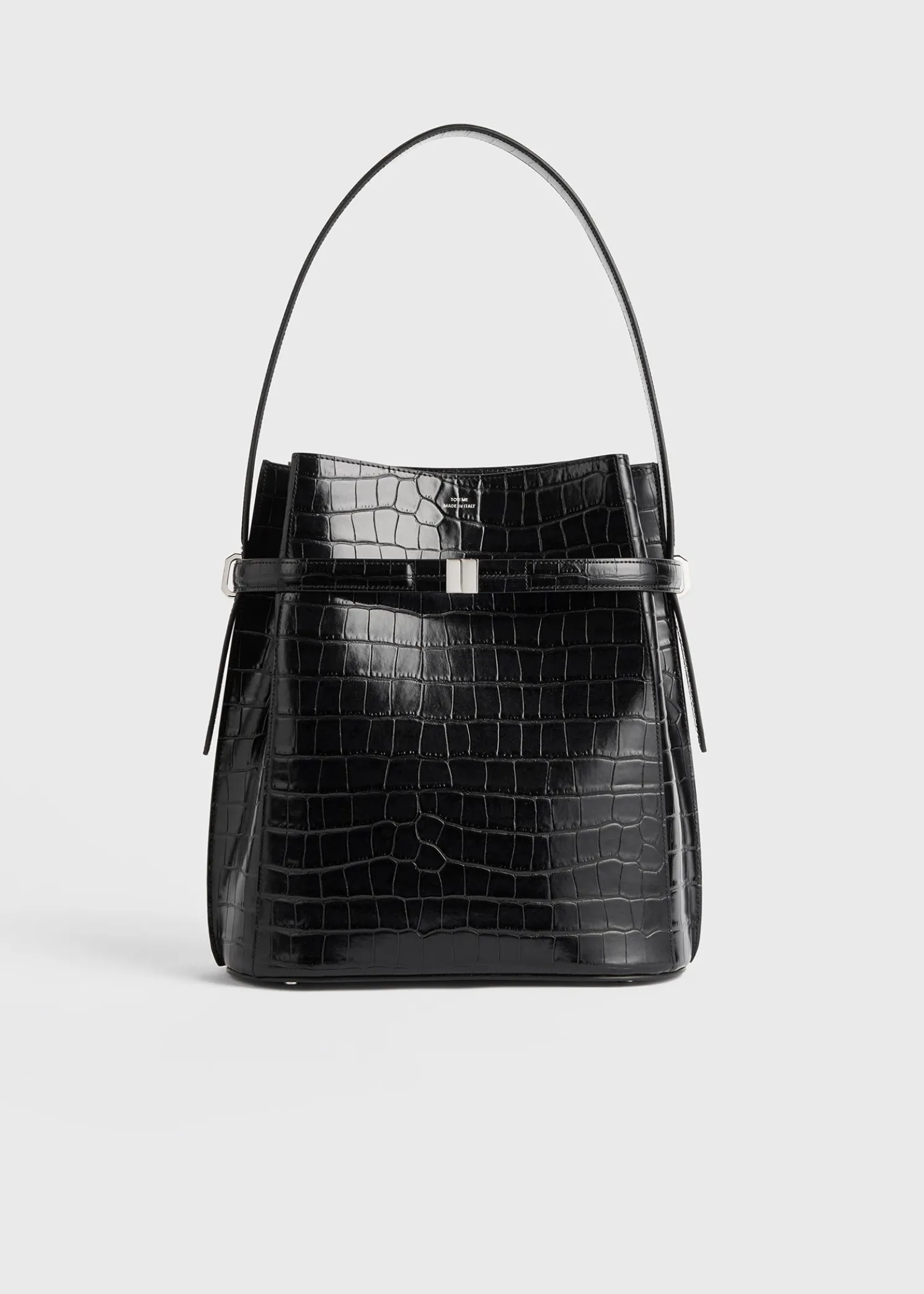 Belted croco-embossed bucket bag black