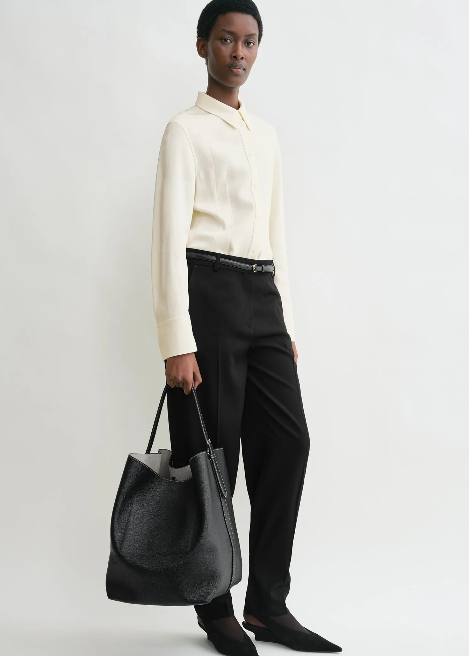Belted grained-leather tote black