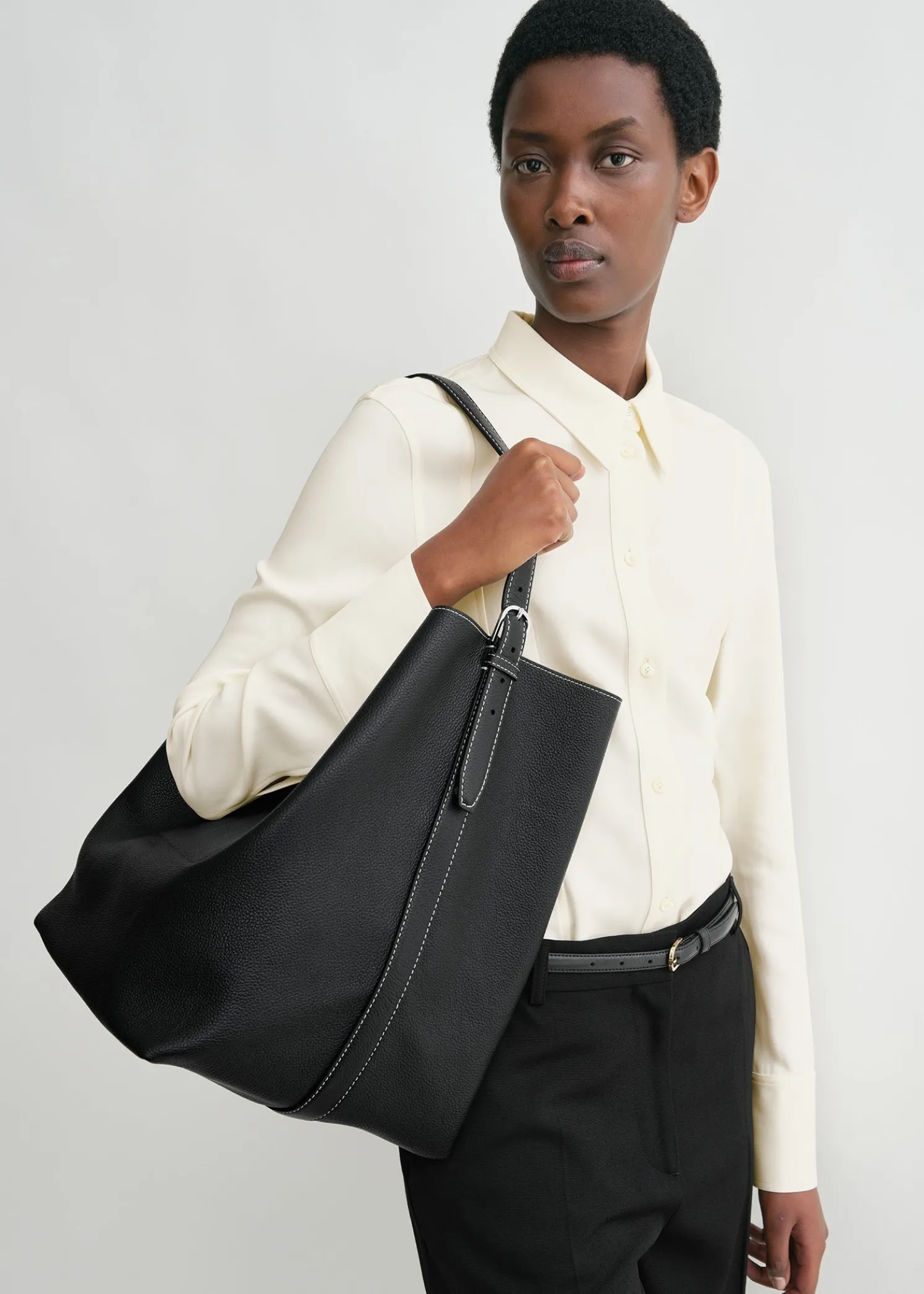 Belted grained-leather tote black