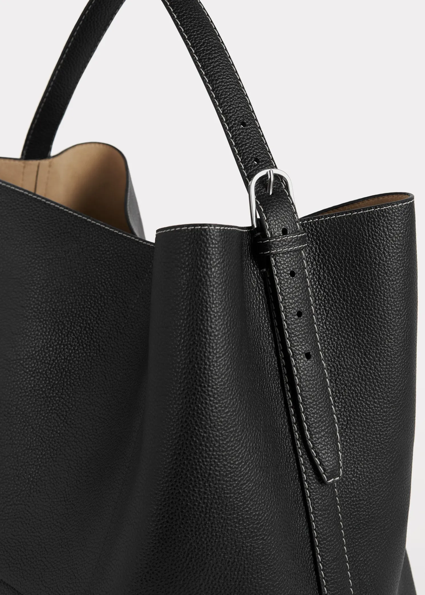Belted grained-leather tote black