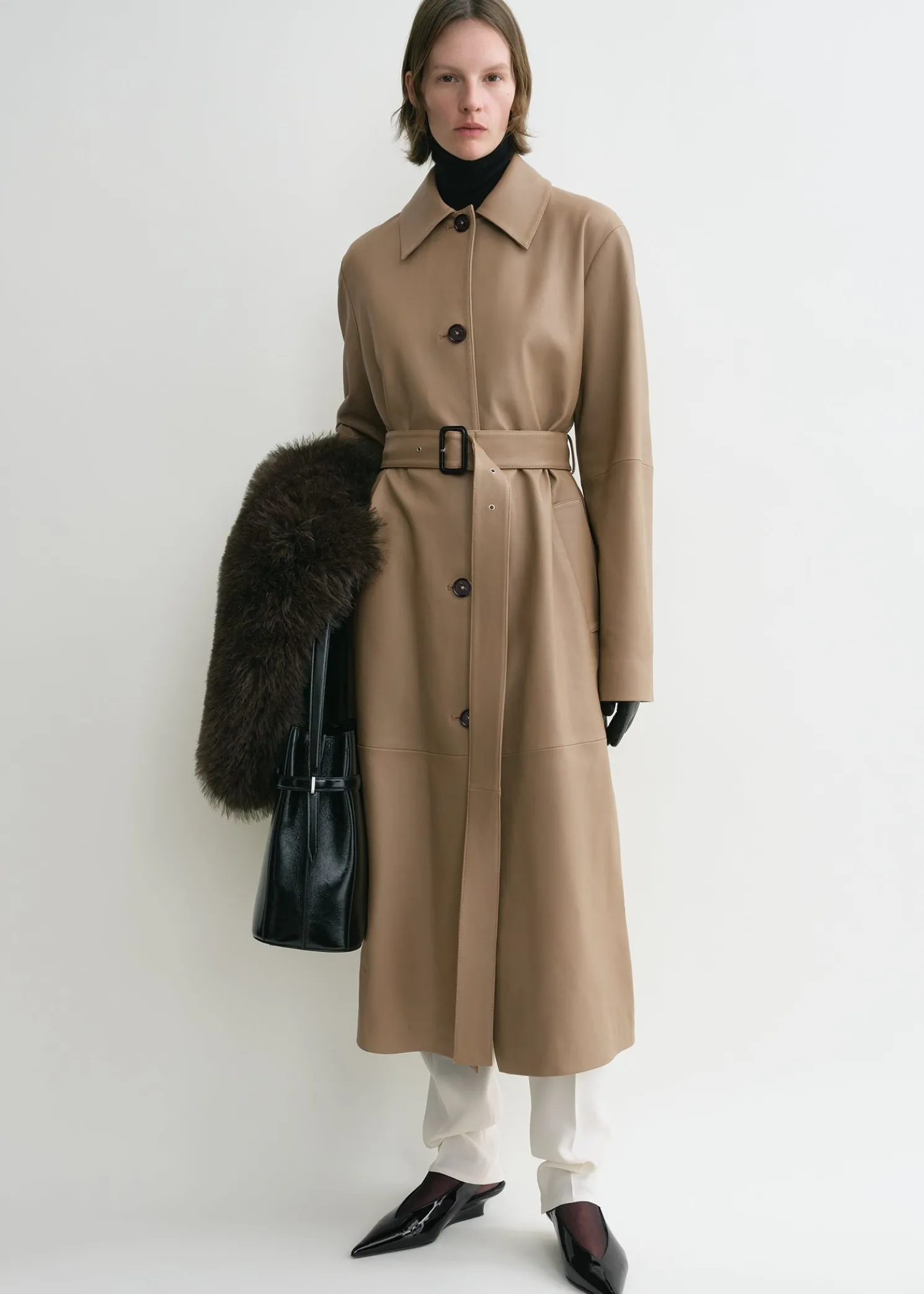 Belted leather coat truffle