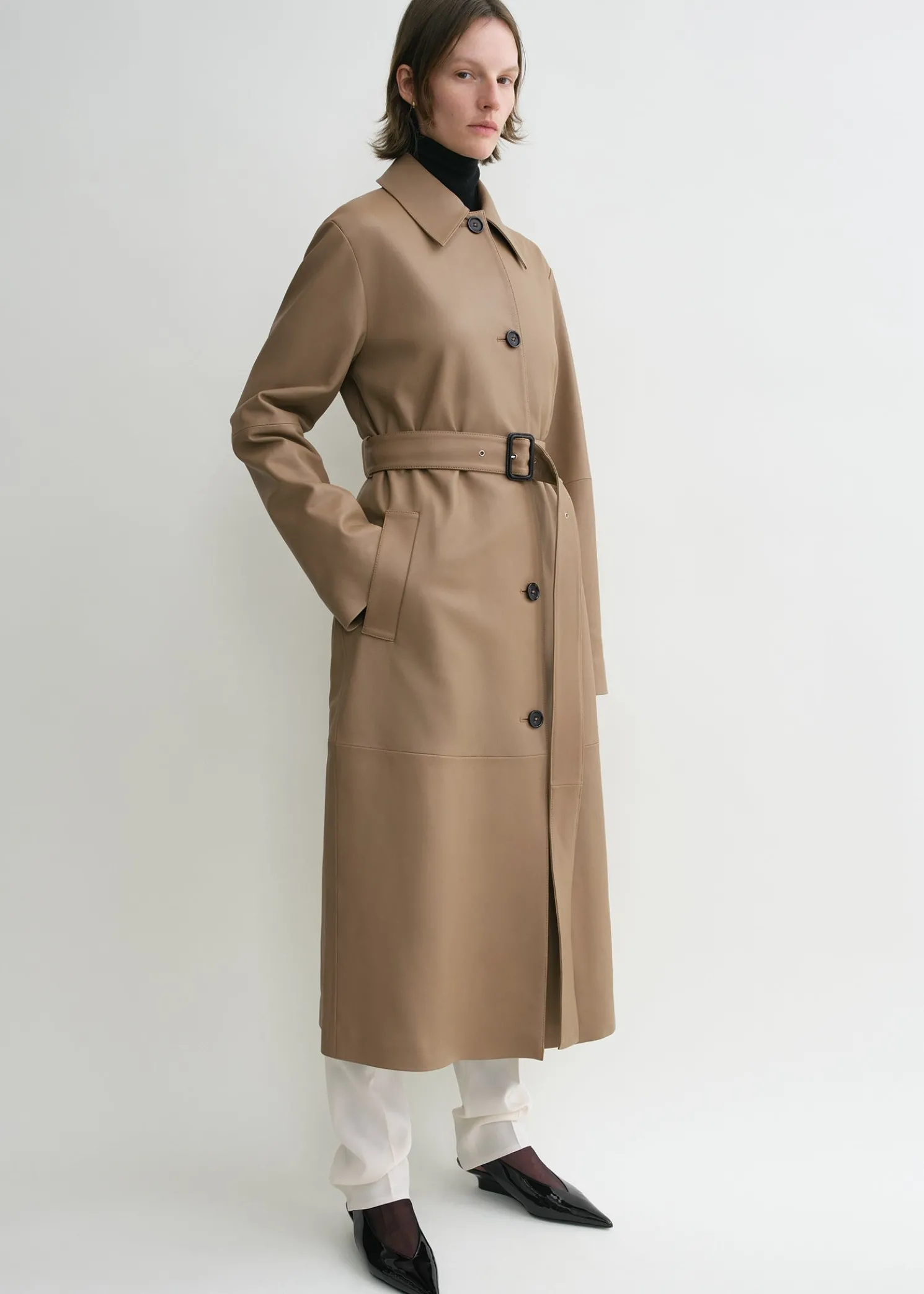 Belted leather coat truffle