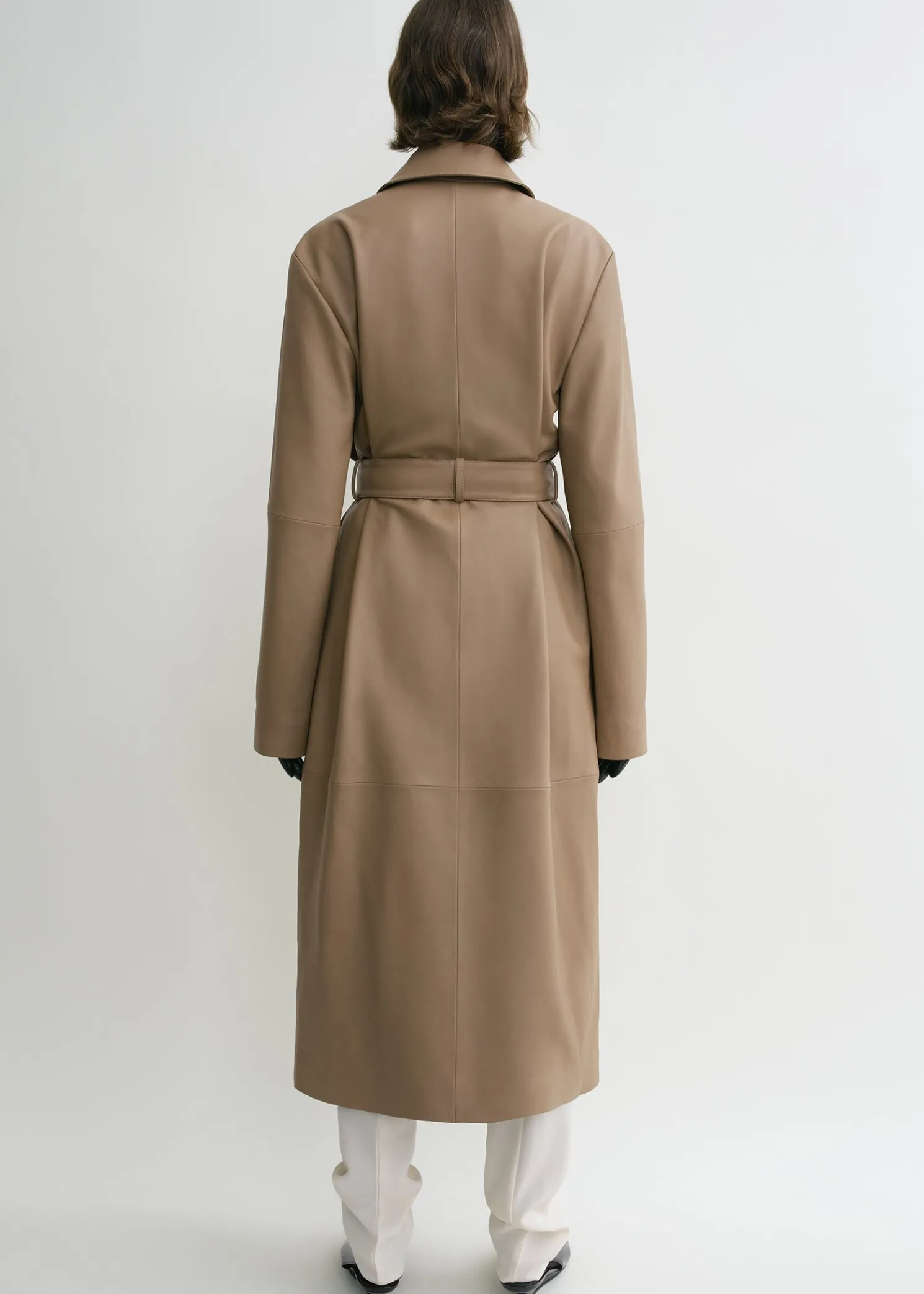 Belted leather coat truffle