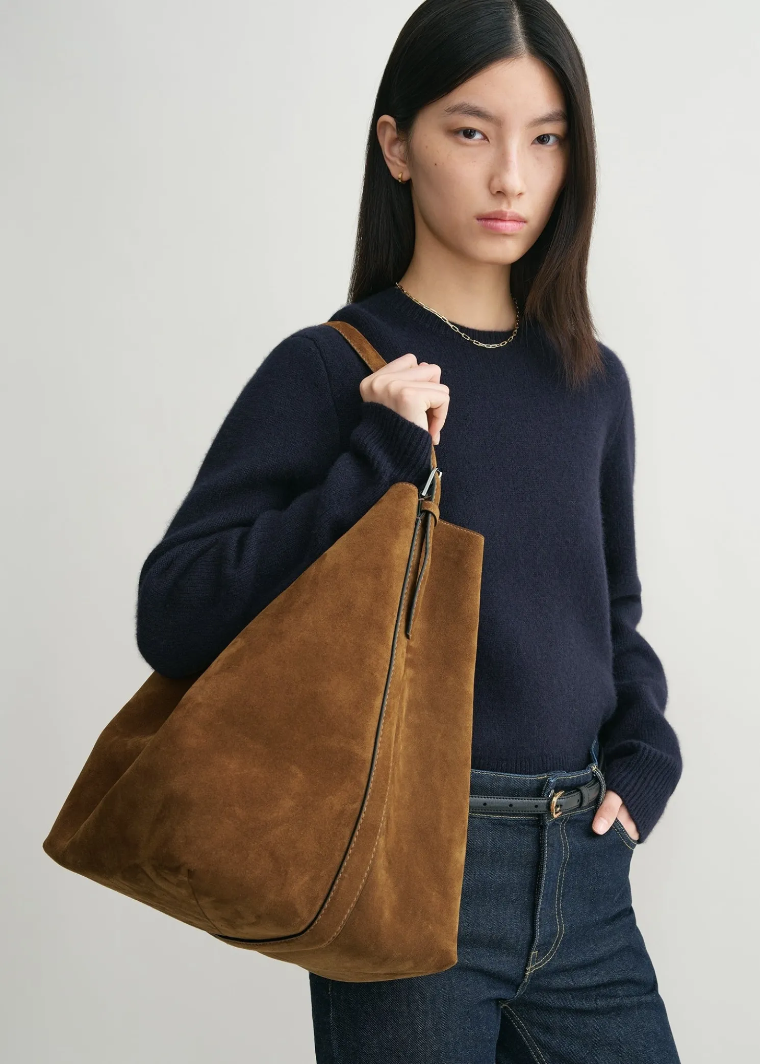 Belted suede tote tan