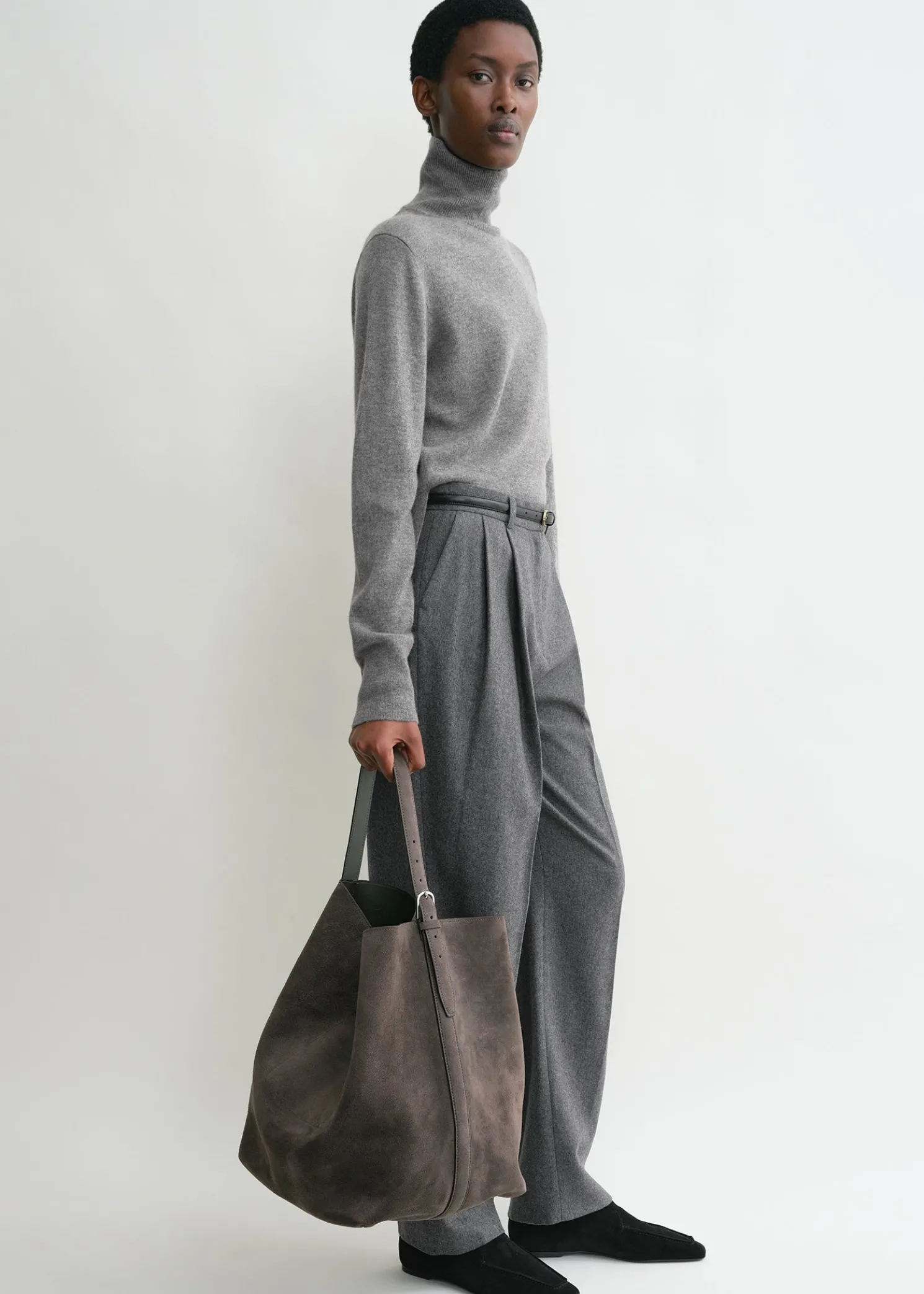 Belted suede tote granite