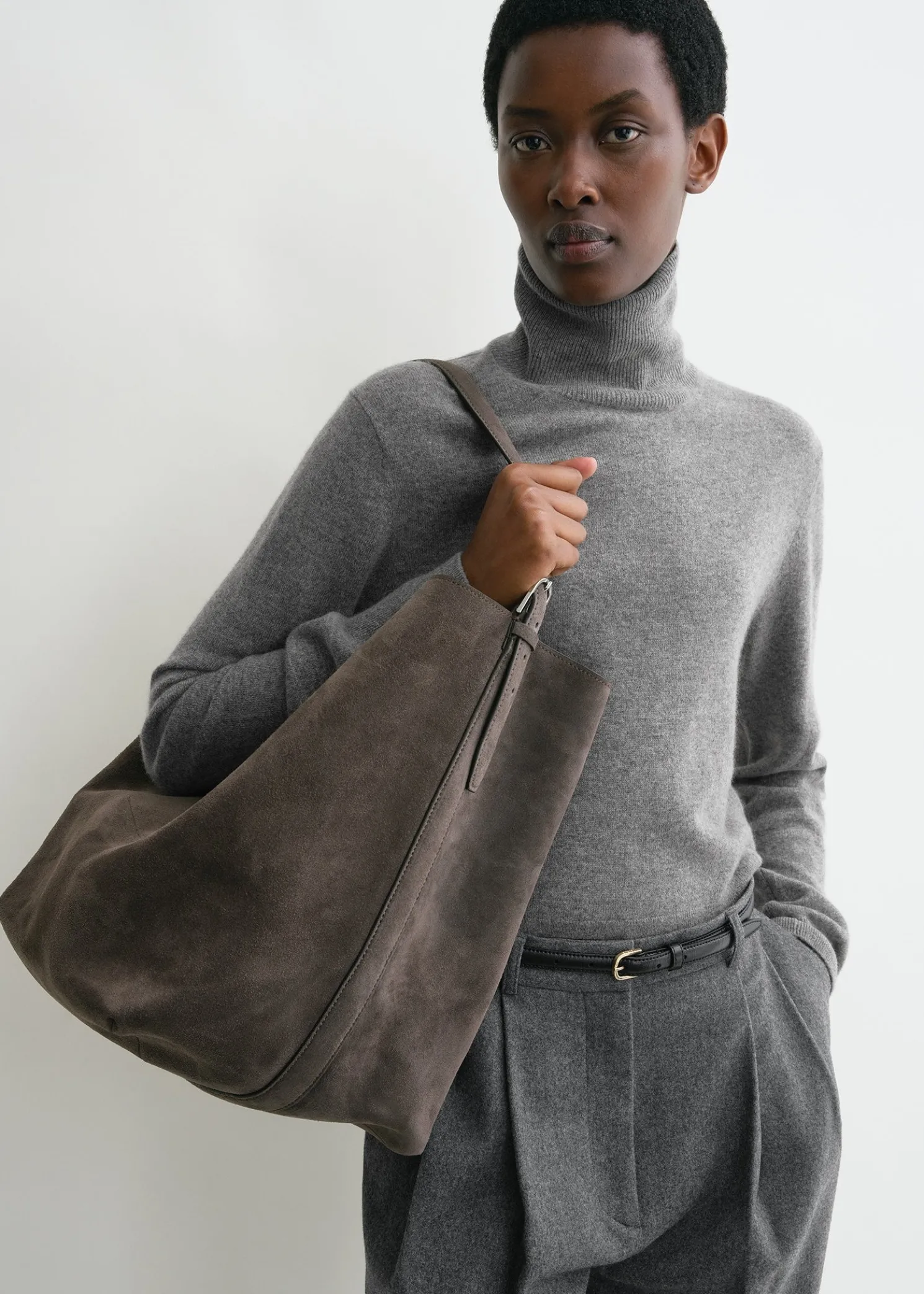 Belted suede tote granite