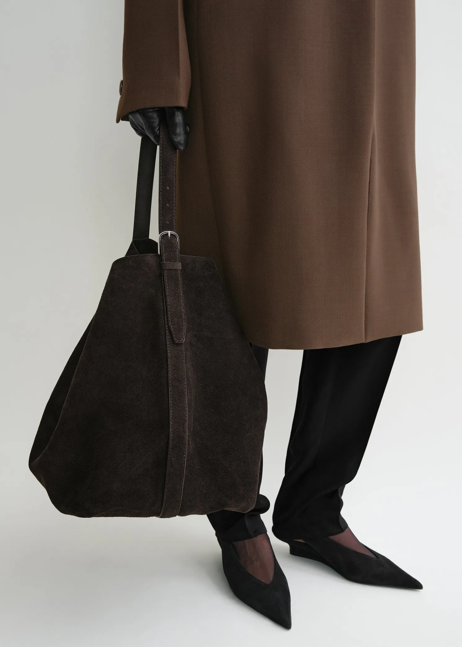 Belted suede tote espresso