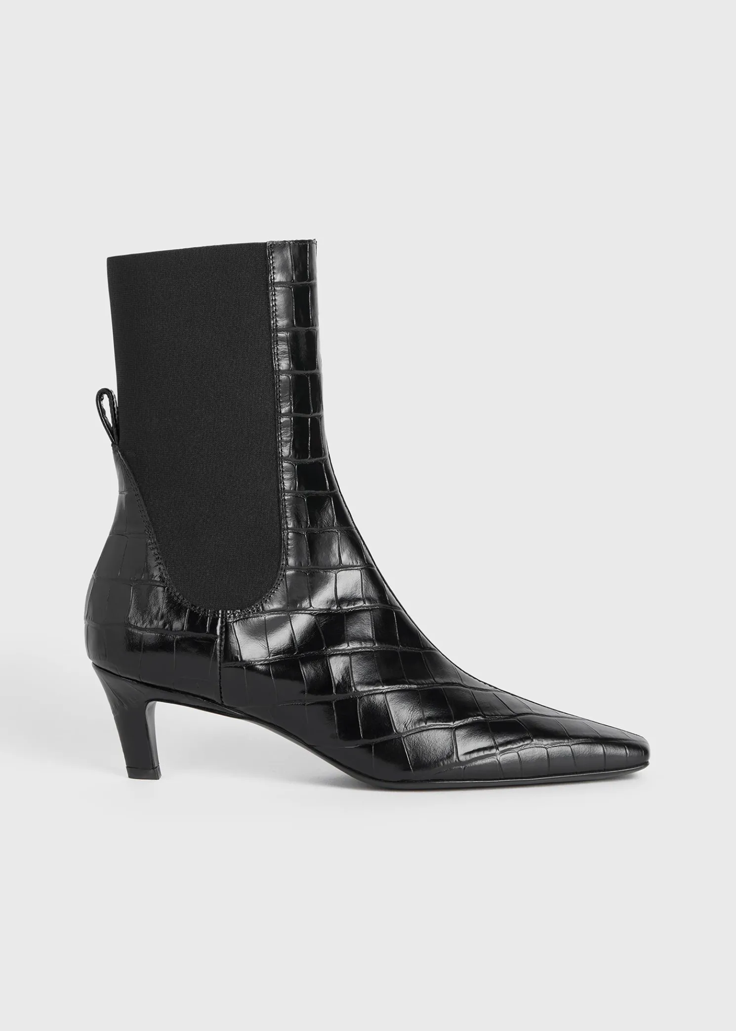 Croco-embossed mid-heel boots black