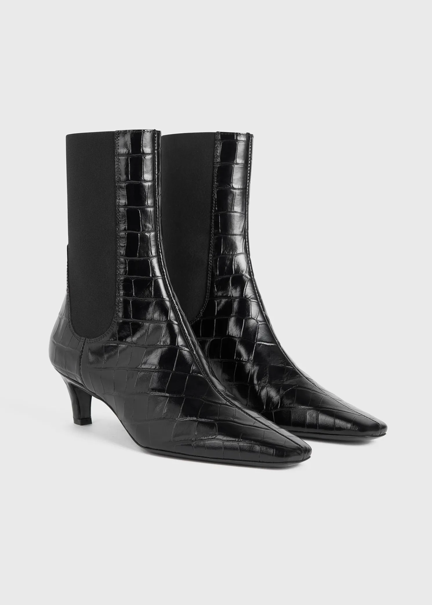 Croco-embossed mid-heel boots black