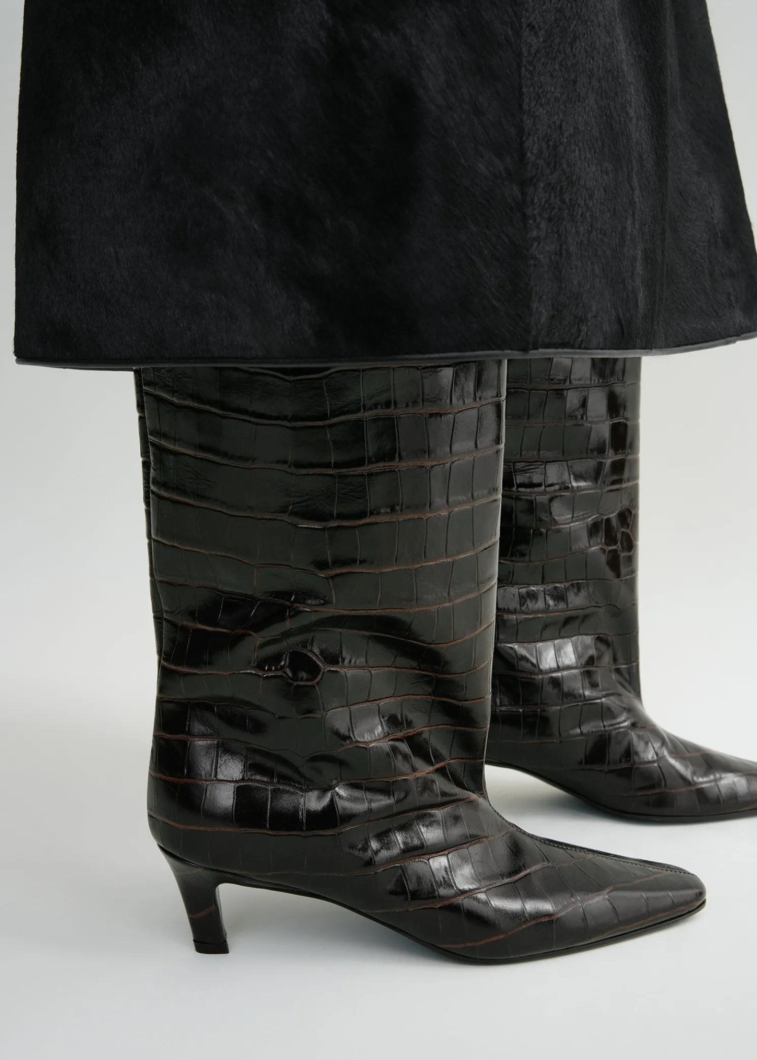 Croco-embossed wide shaft boots dark brown