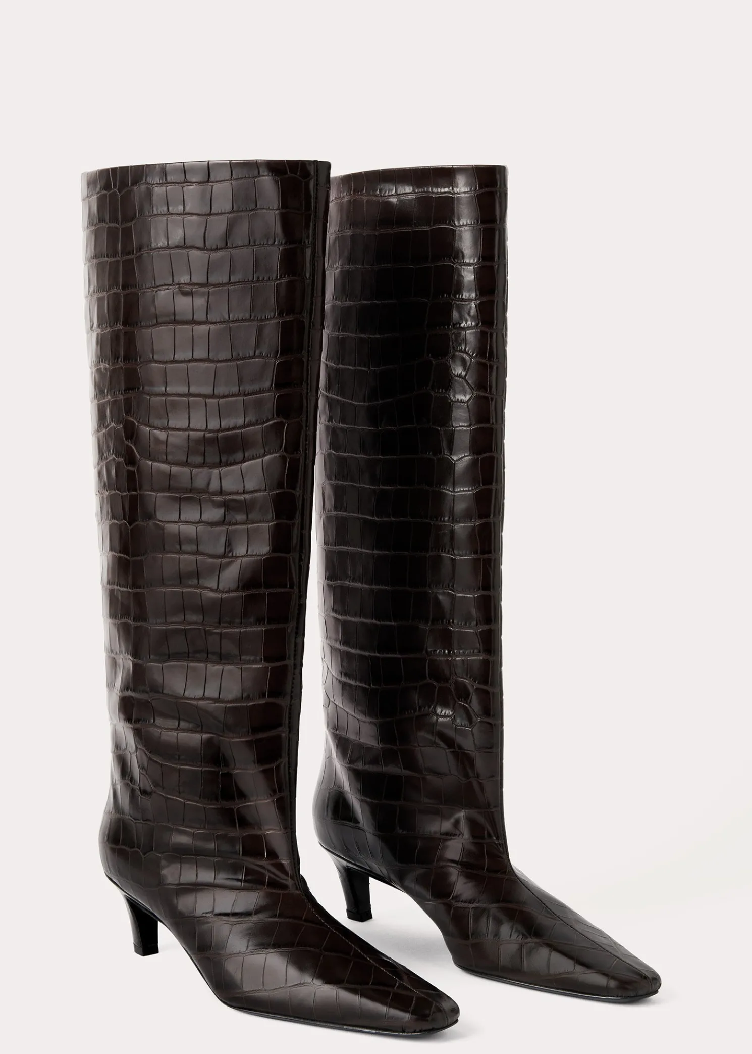 Croco-embossed wide shaft boots dark brown