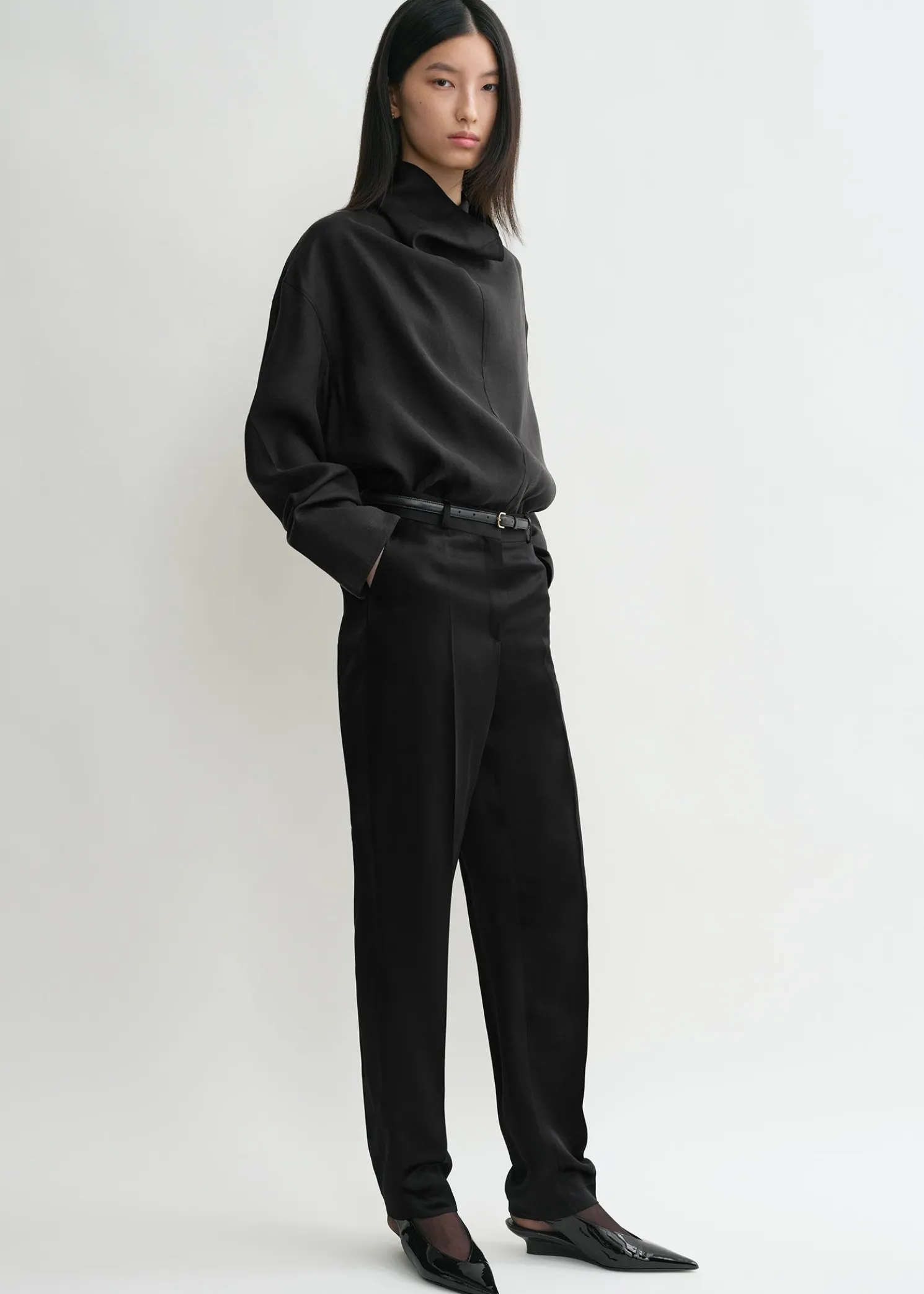 Funnel-neck organza blouse black