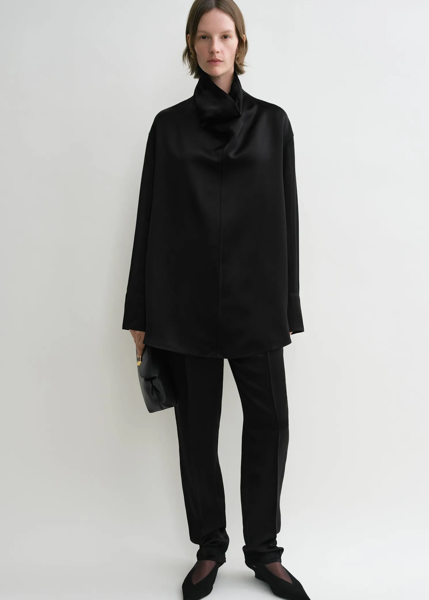 Funnel-neck satin blouse black