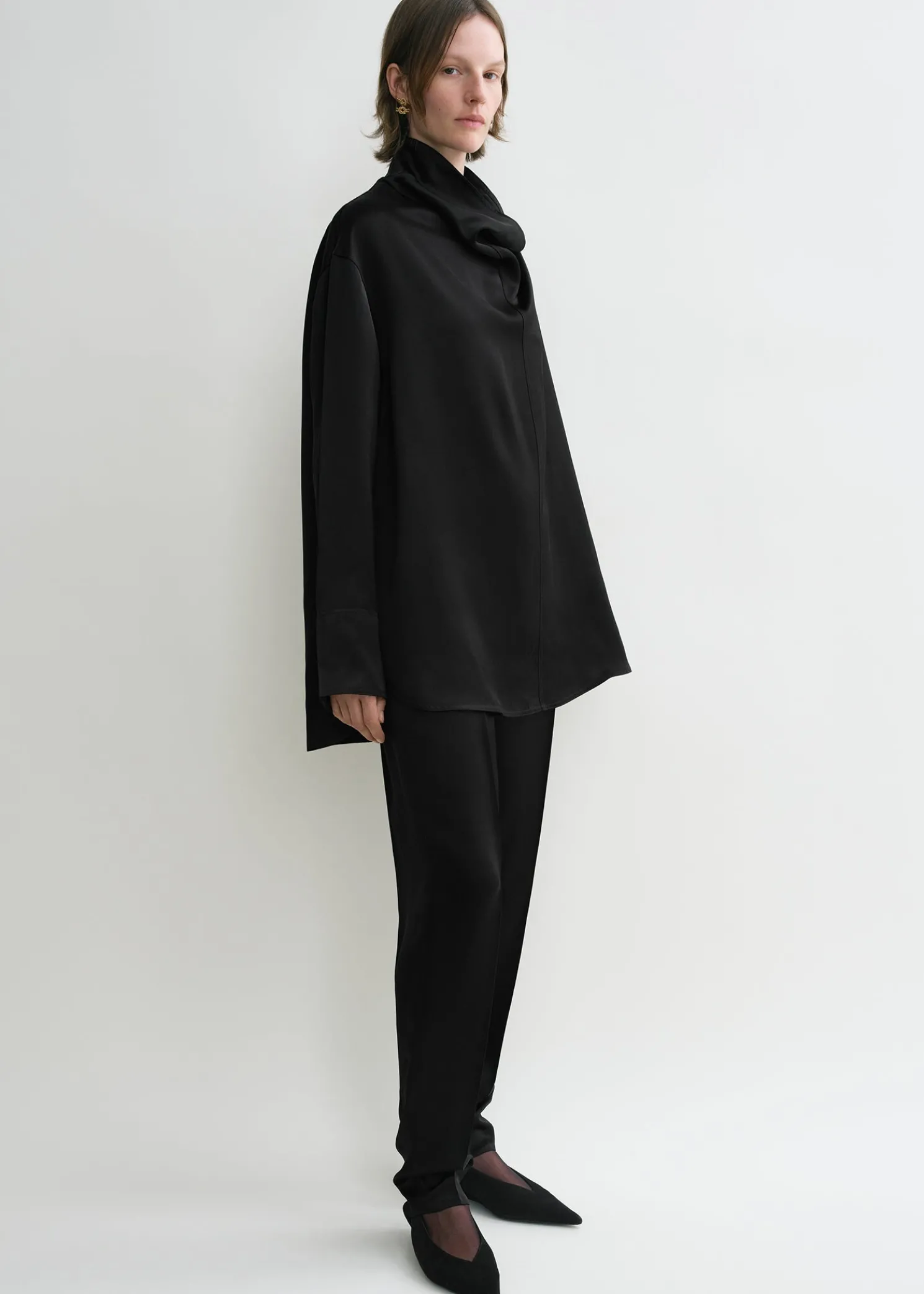 Funnel-neck satin blouse black