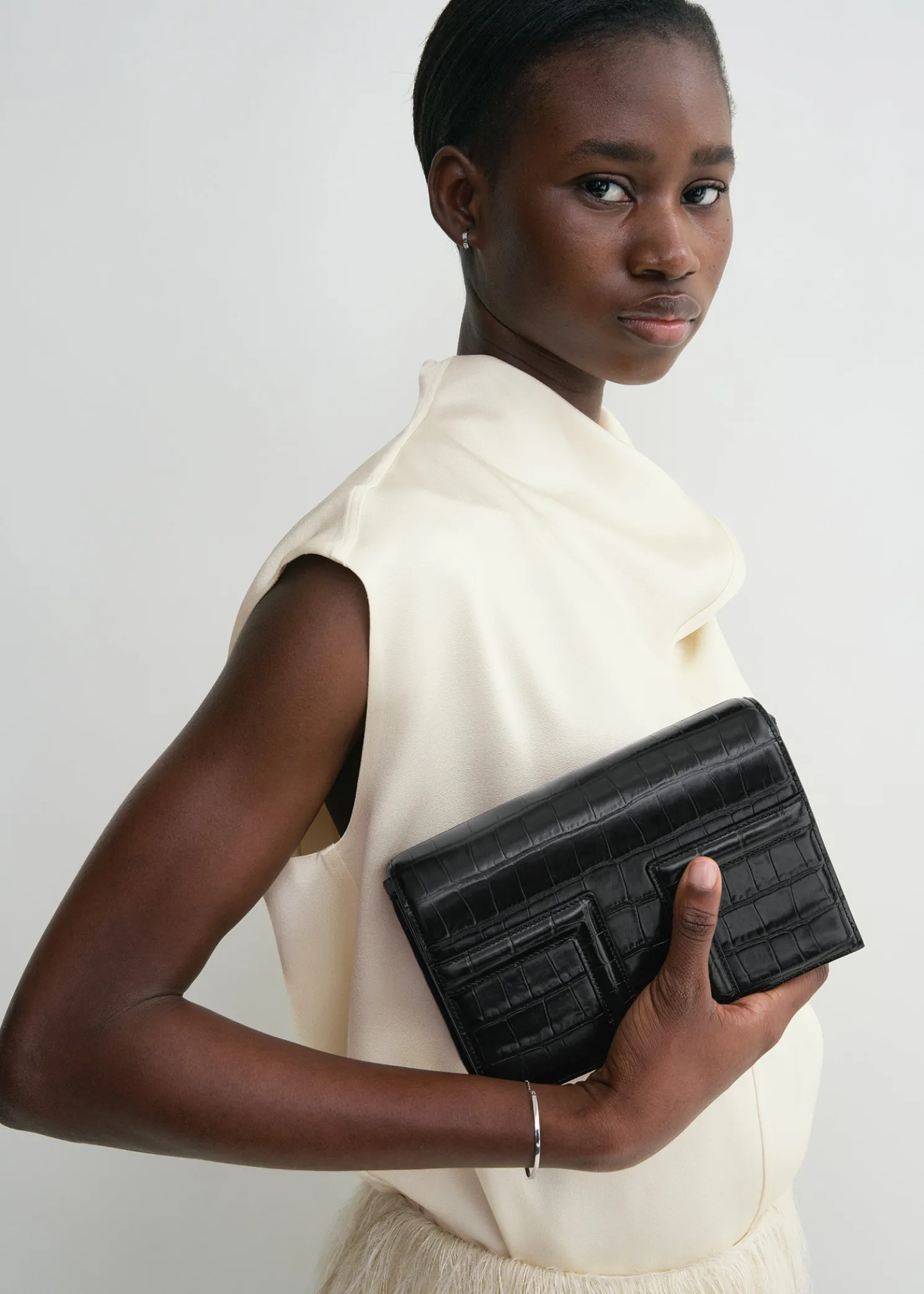 Mini T-Flap croco-embossed bag dark brown