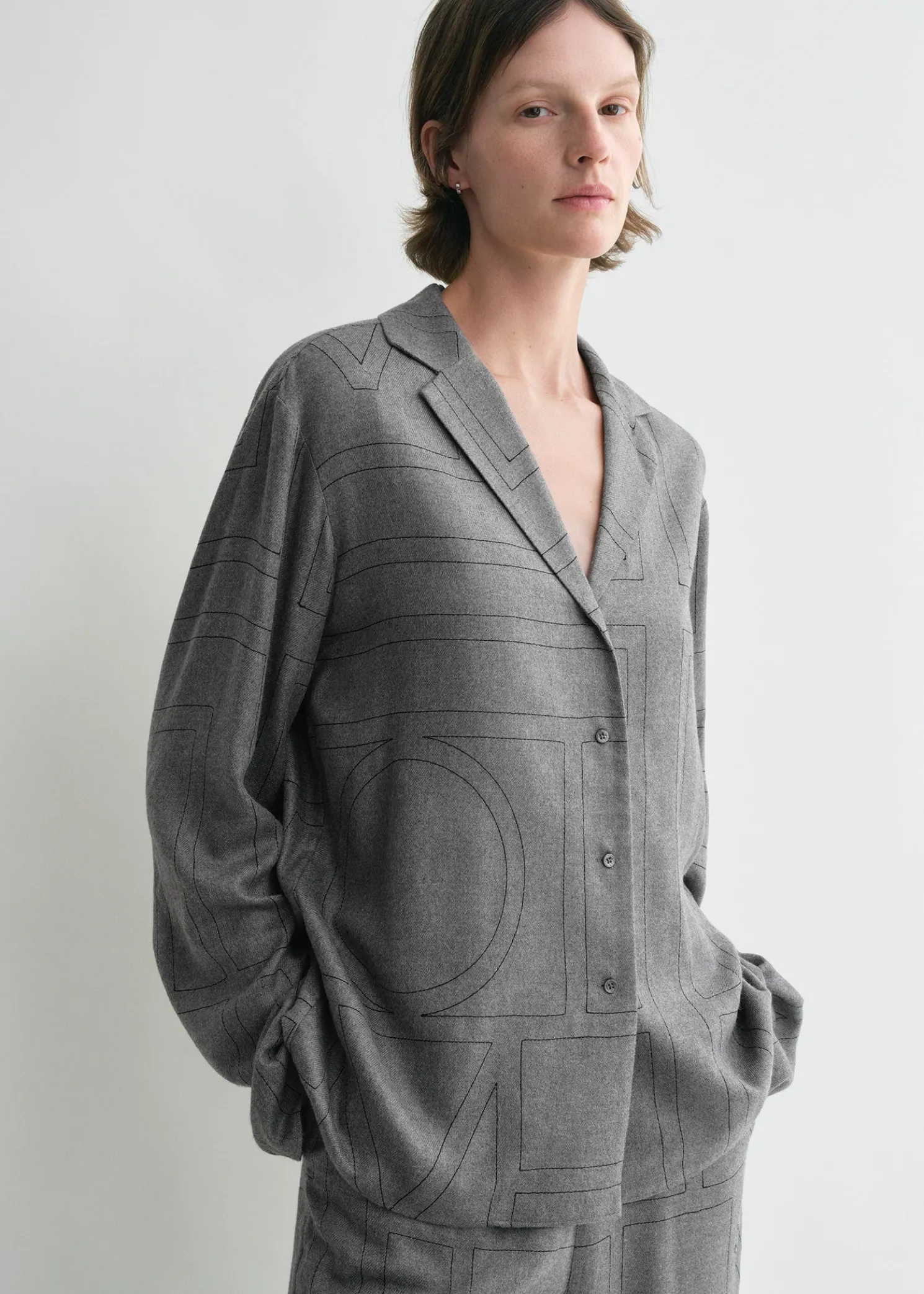 Monogram flannel pj top smoke melange