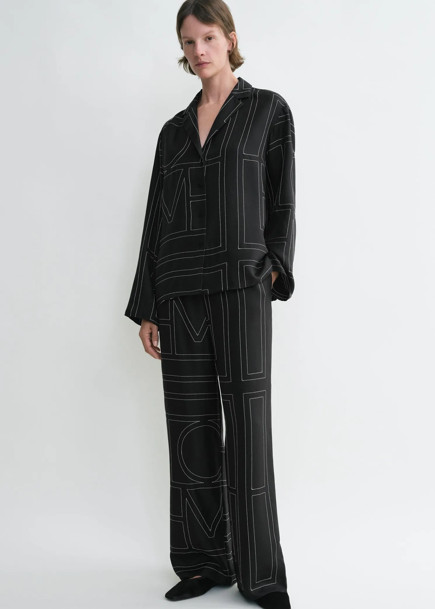 Monogram silk pj top black