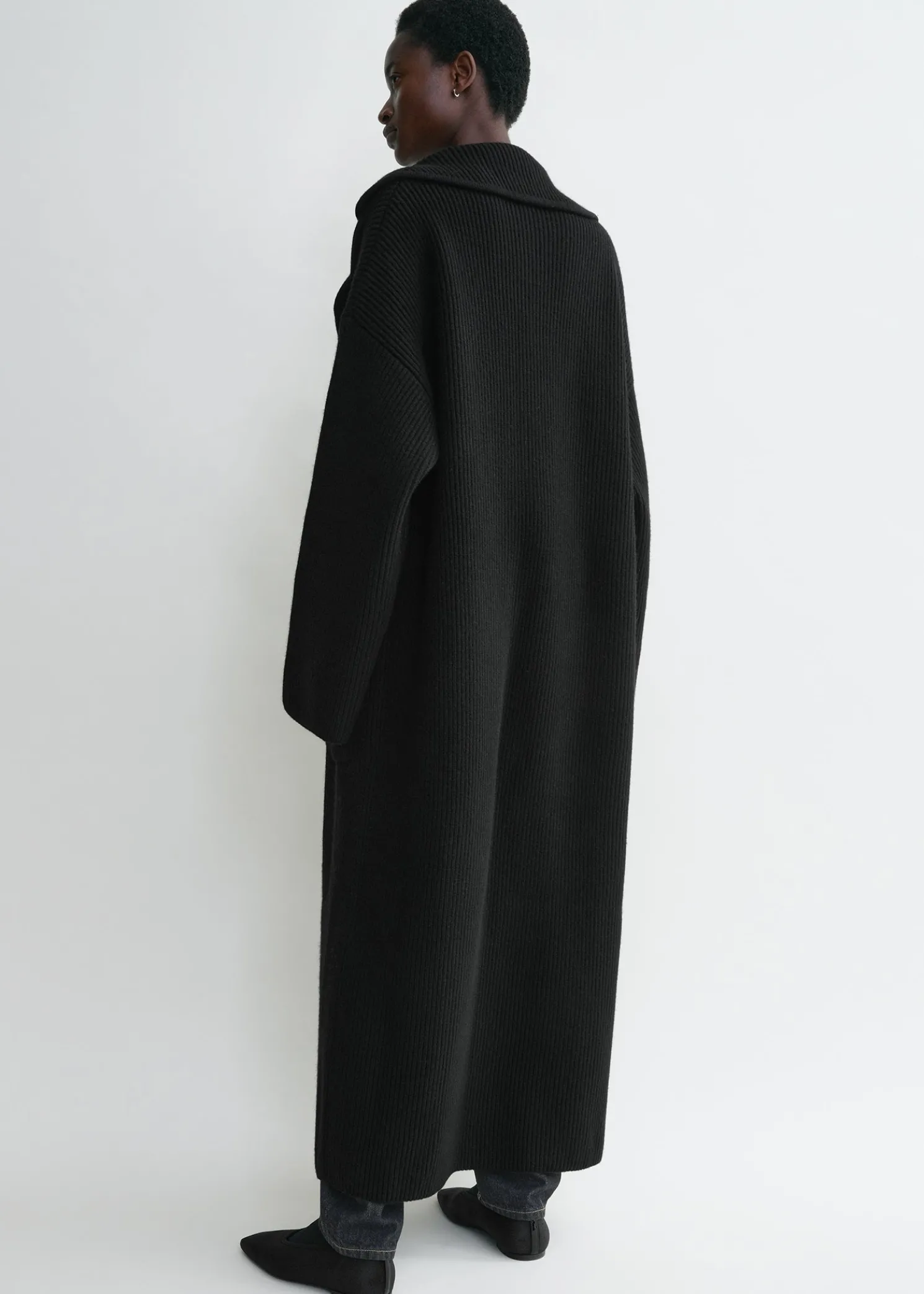 Rib-knit cardi coat black