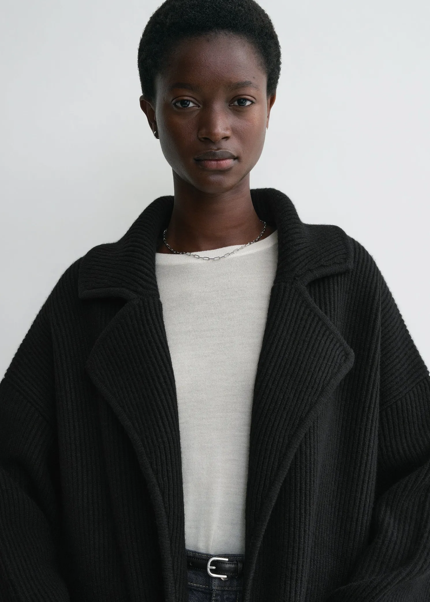 Rib-knit cardi coat black