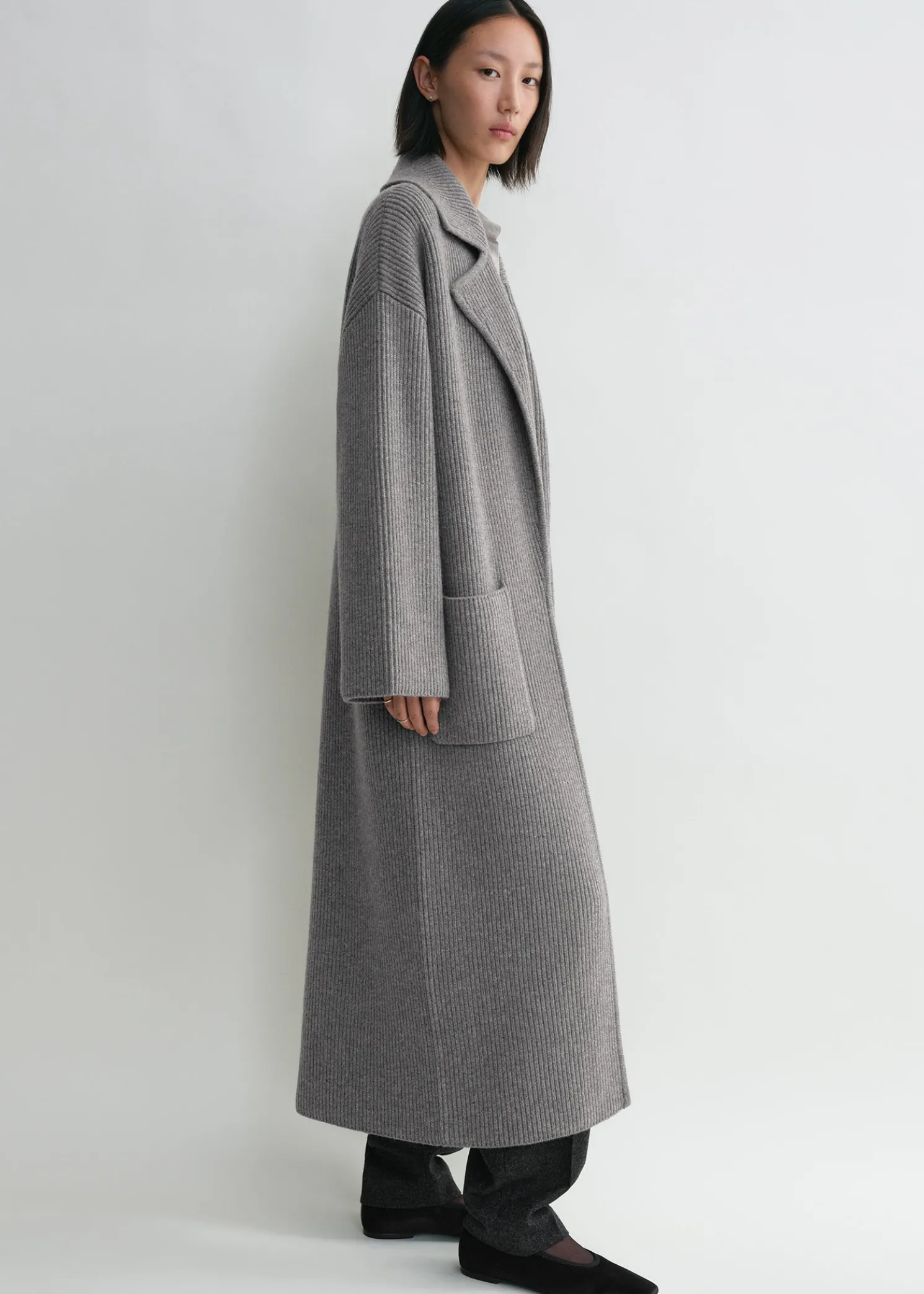 Rib-knit cardi coat grey melange