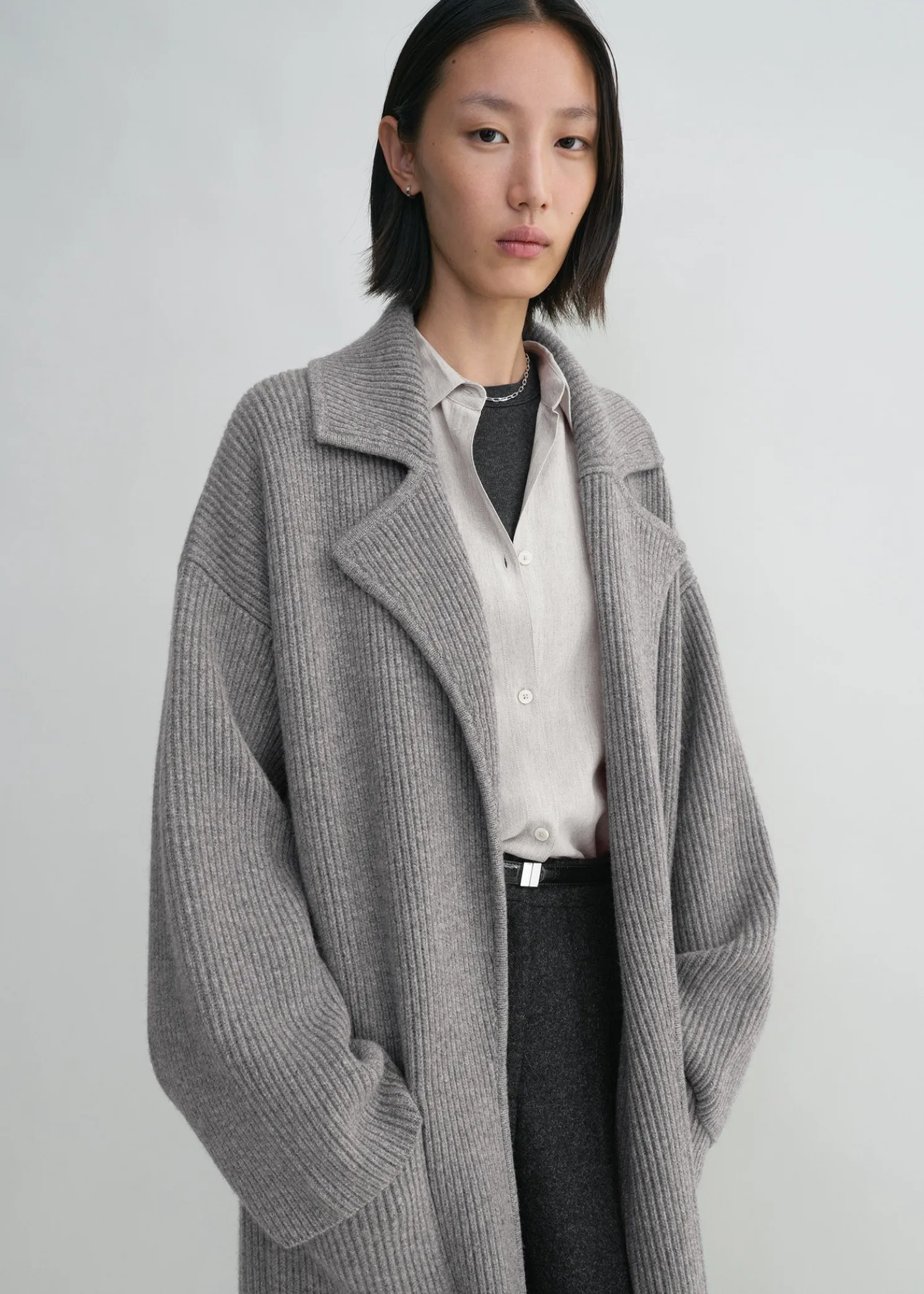 Rib-knit cardi coat grey melange