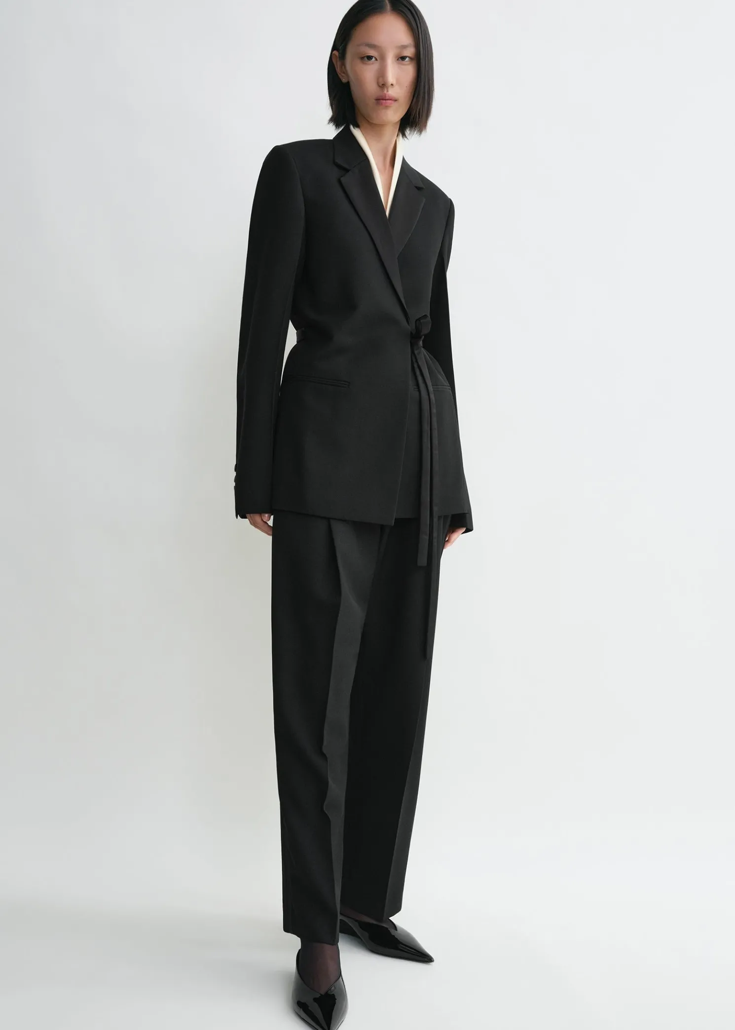 Satin-lapel wrap blazer black