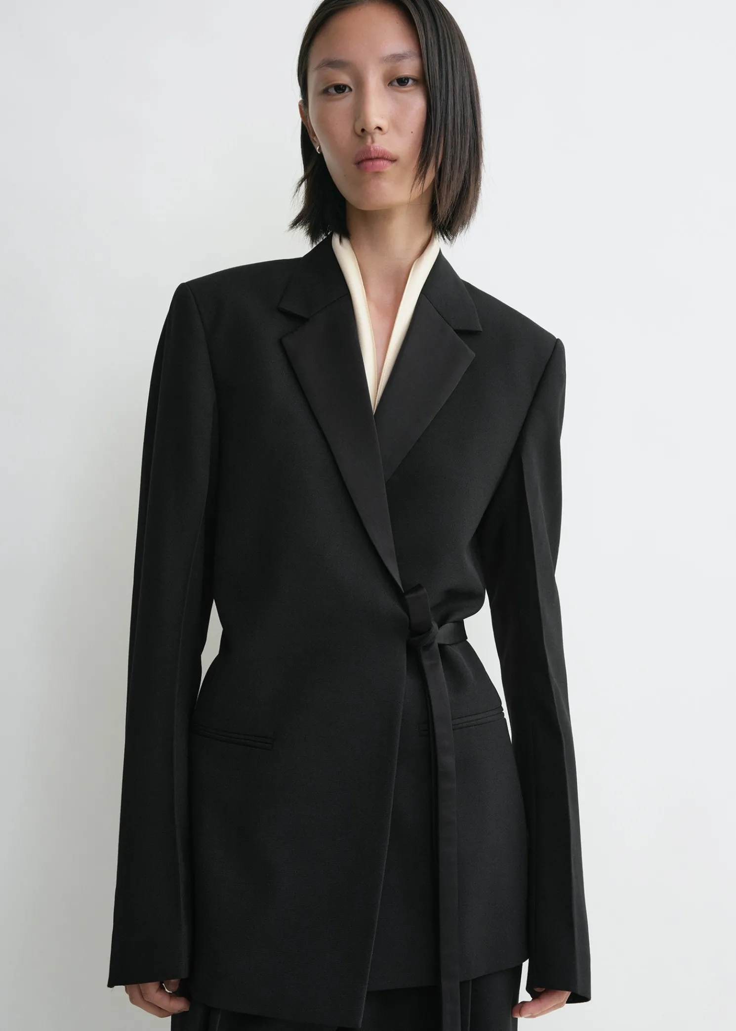 Satin-lapel wrap blazer black