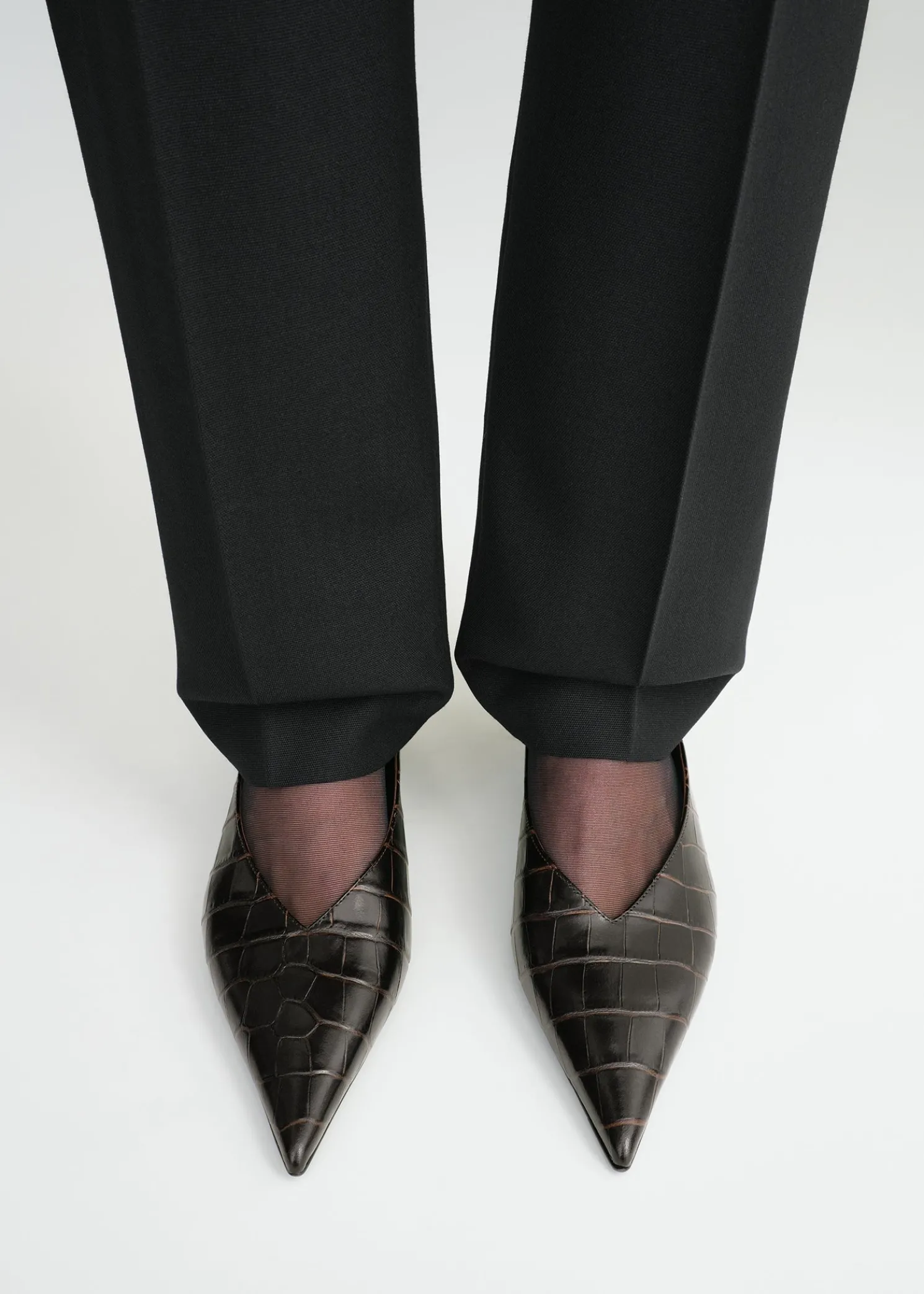 Sharp croco-embossed wedge mules dark brown