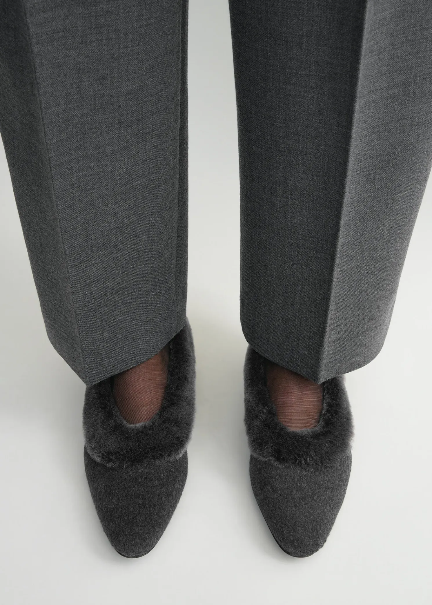 Shearling-edge flannel ballerinas dark grey melange
