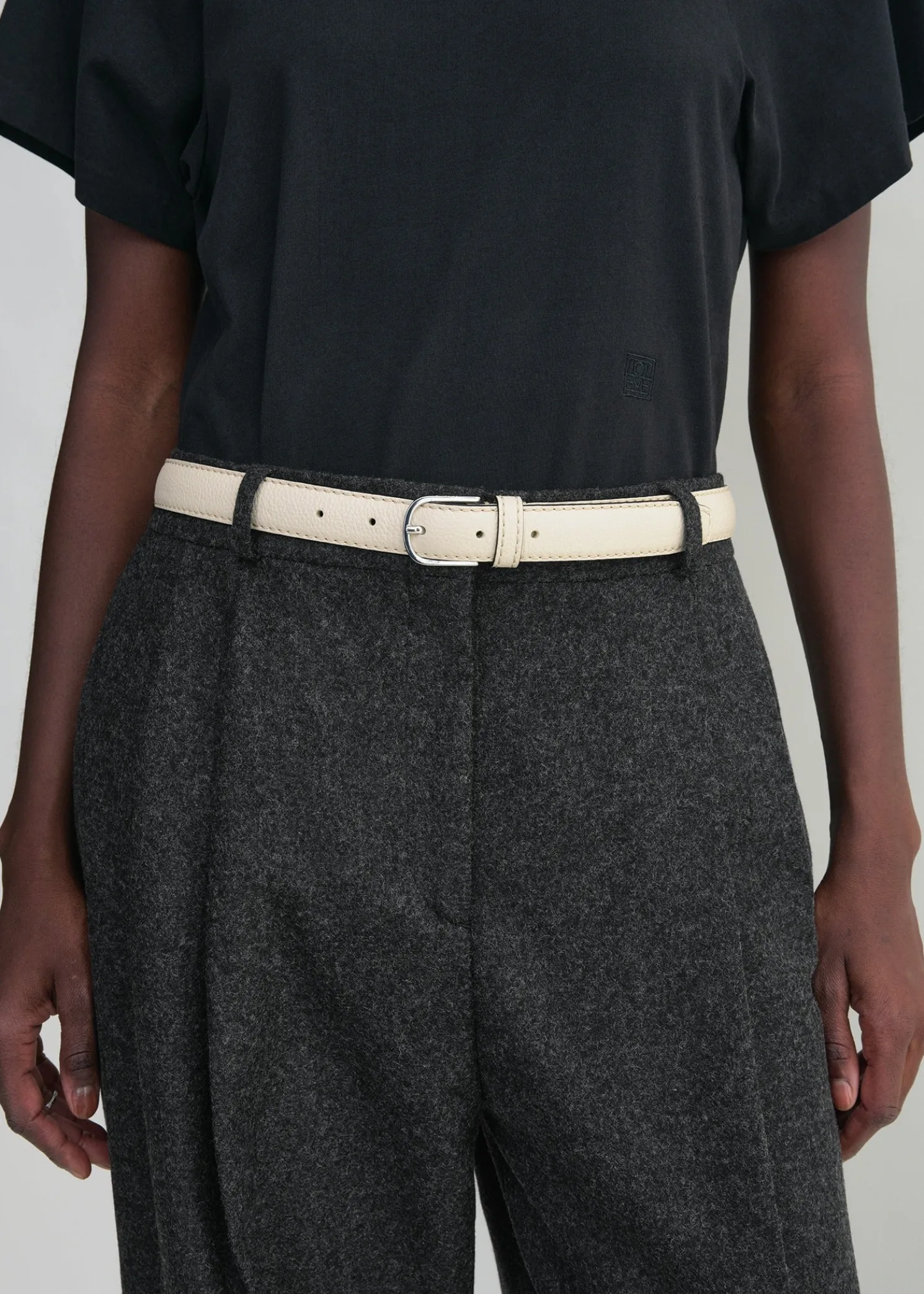 Slim grained-leather trouser belt milk
