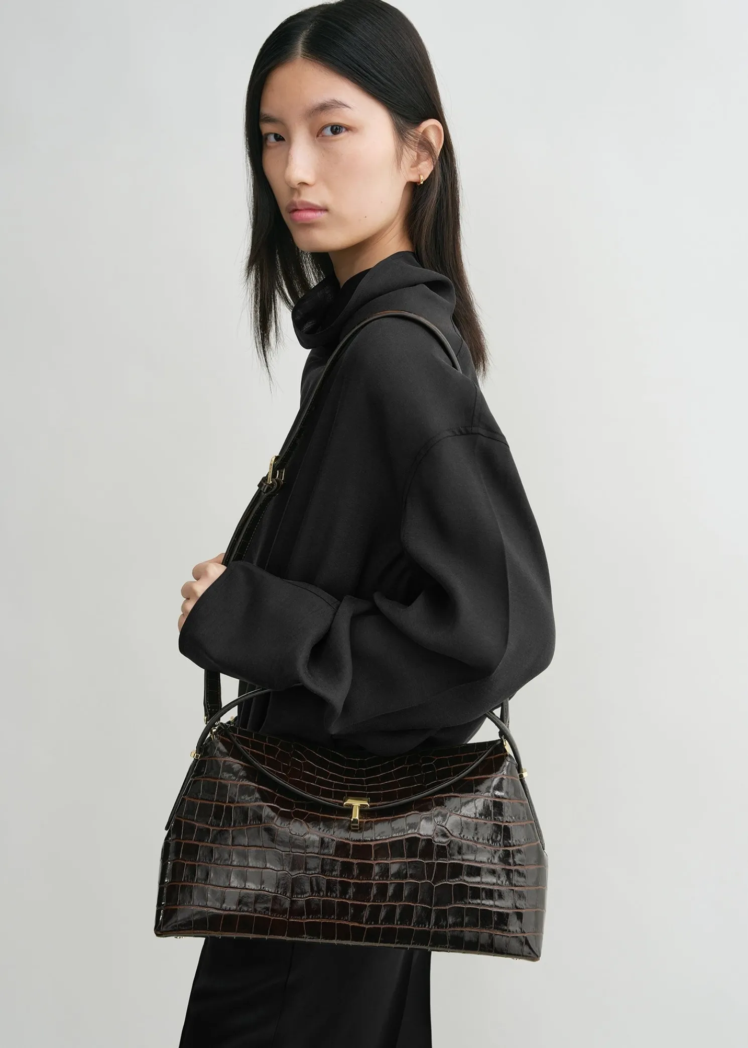 T-lock croco-embossed top handle dark brown