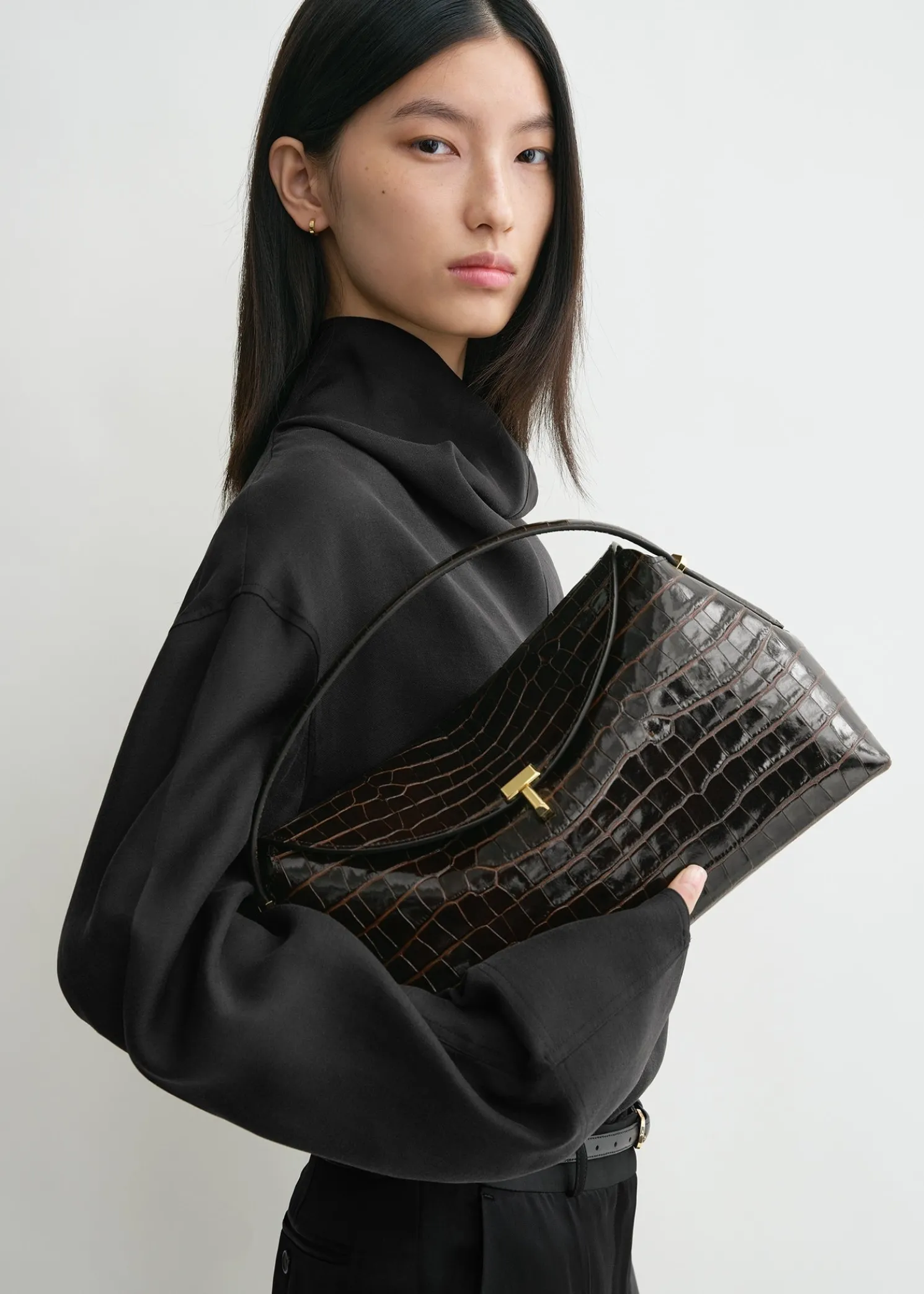 T-lock croco-embossed top handle dark brown