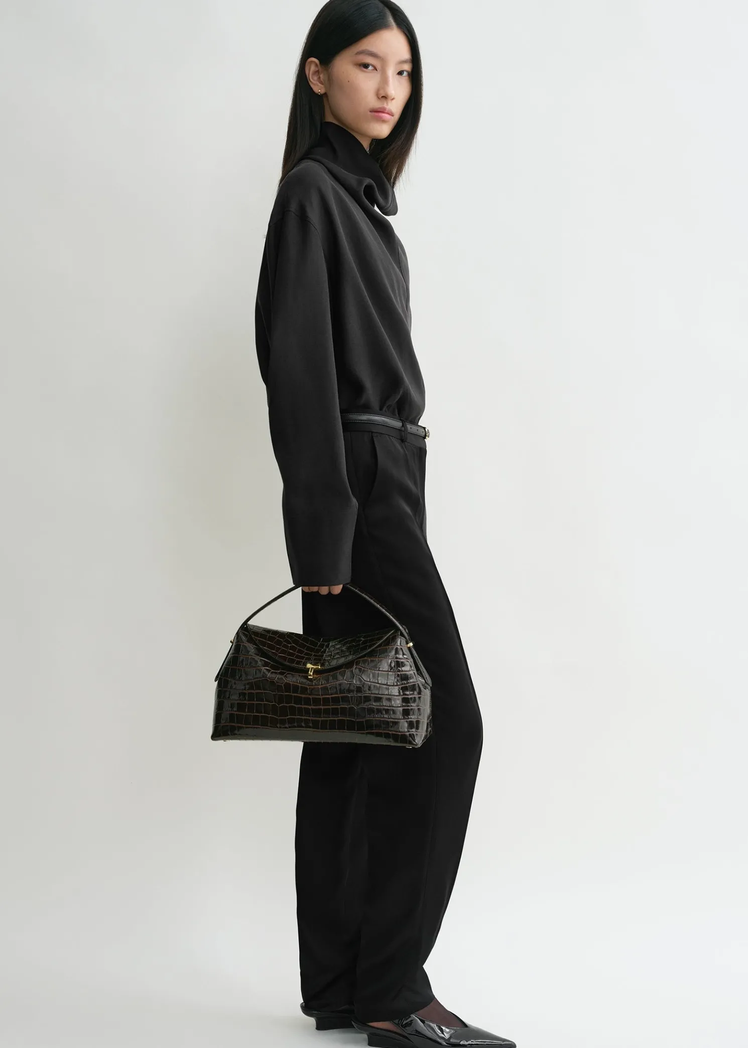 T-lock croco-embossed top handle dark brown