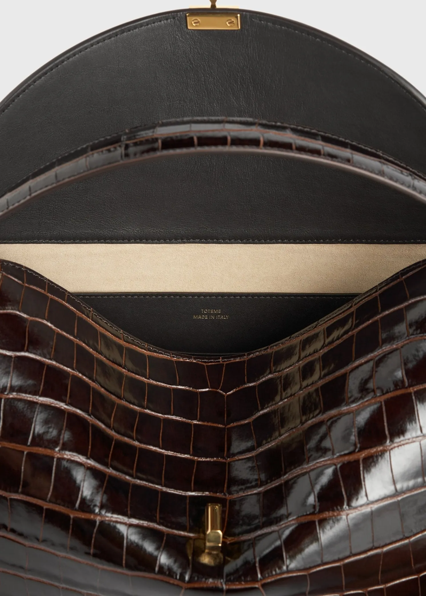 T-lock croco-embossed top handle dark brown