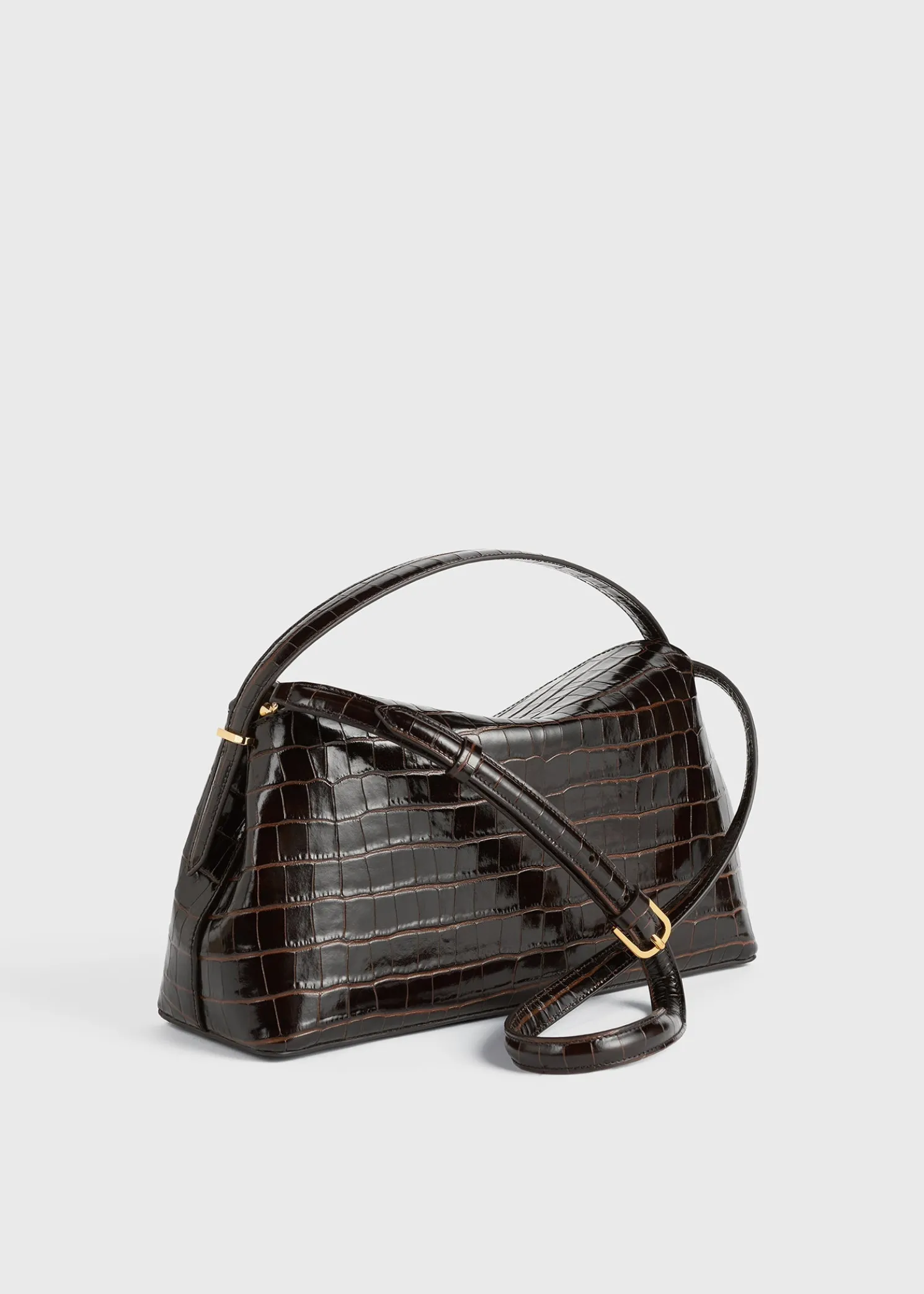 T-lock croco-embossed top handle dark brown