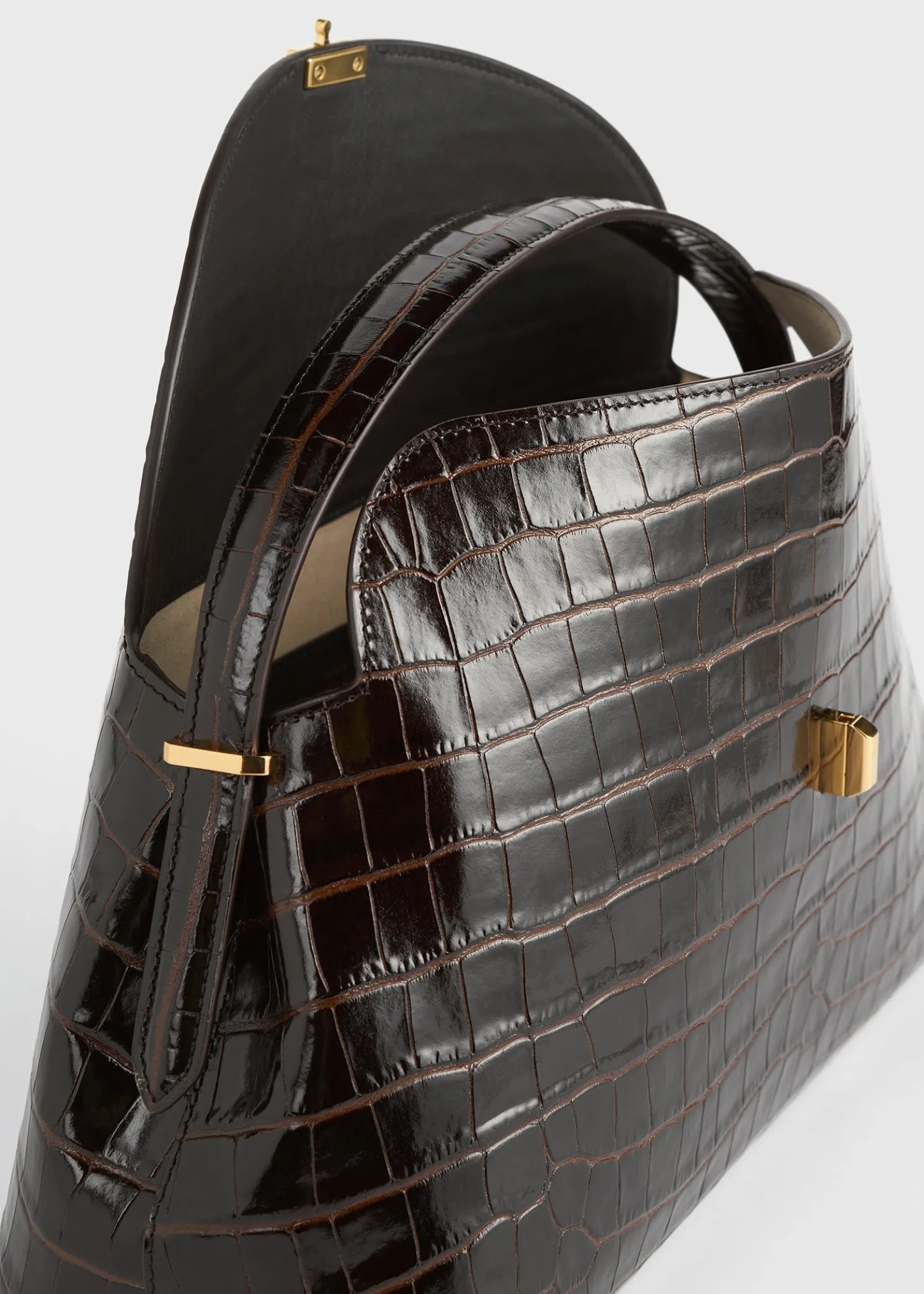 T-lock croco-embossed top handle dark brown