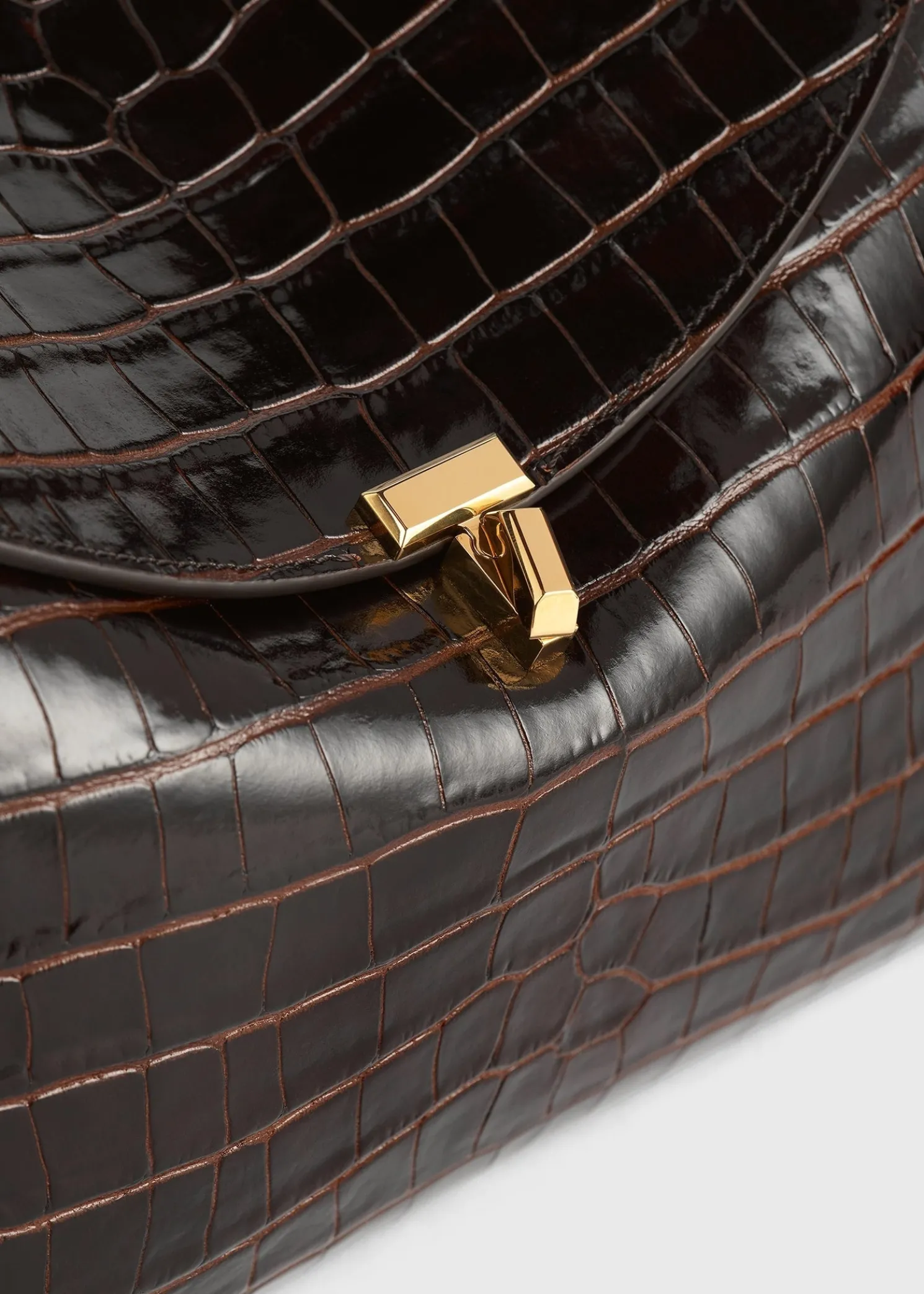 T-lock croco-embossed top handle dark brown